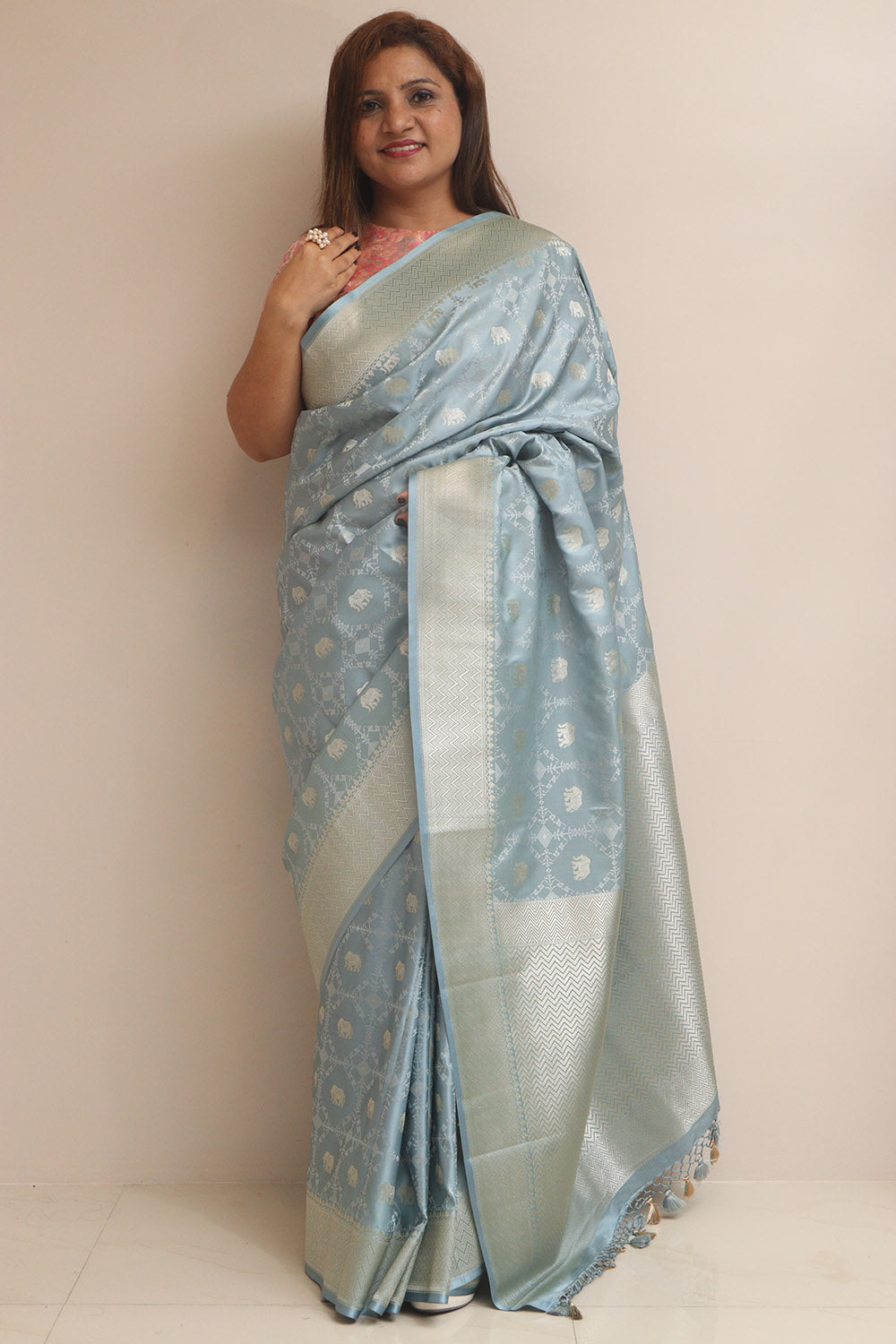 Grey Banarasi Mashru Silk Elephant Design Saree - Luxurion World