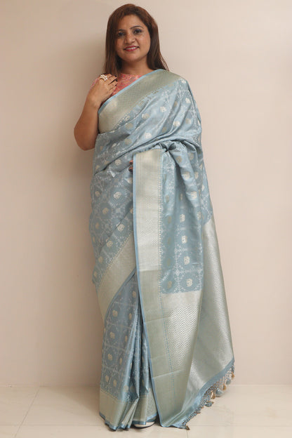 Grey Banarasi Mashru Silk Elephant Design Saree - Luxurion World