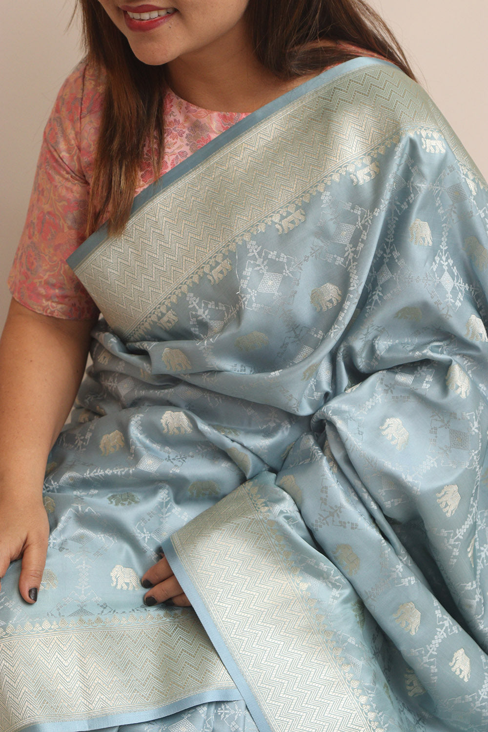 Grey Banarasi Mashru Silk Elephant Design Saree - Luxurion World