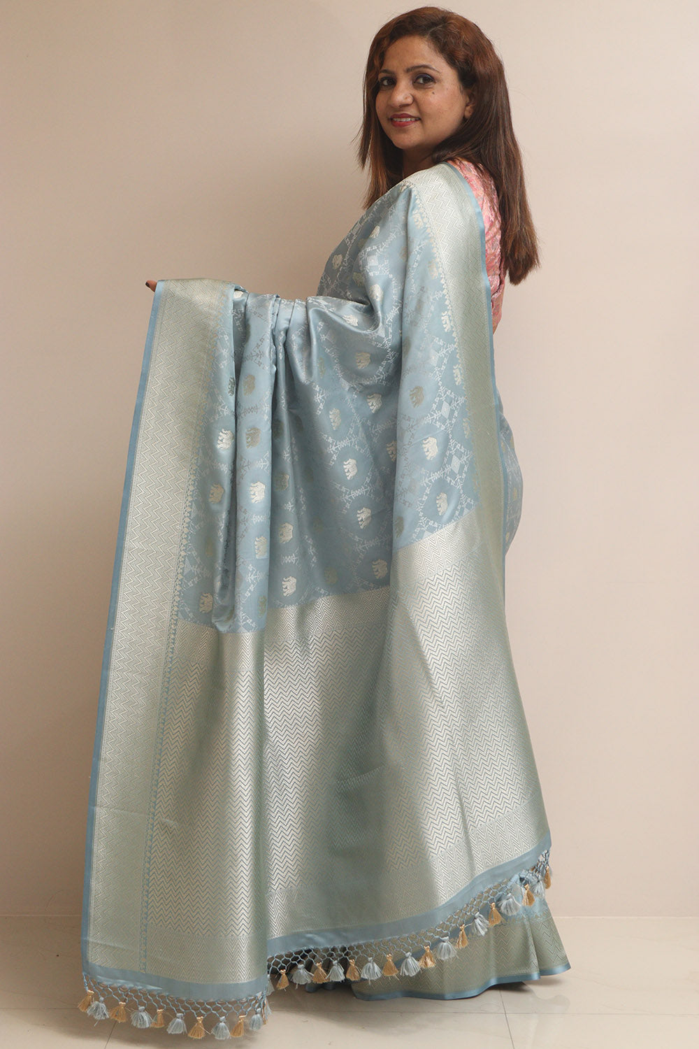 Grey Banarasi Mashru Silk Elephant Design Saree - Luxurion World