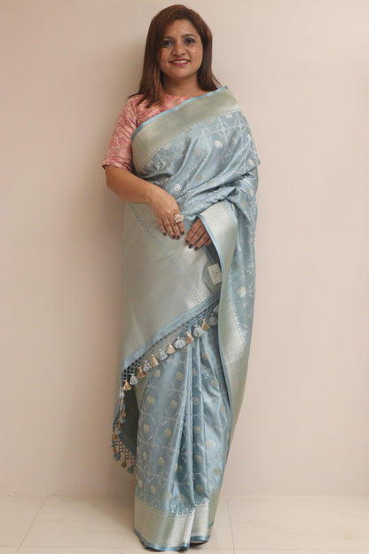 Grey Banarasi Mashru Silk Elephant Design Saree - Luxurion World