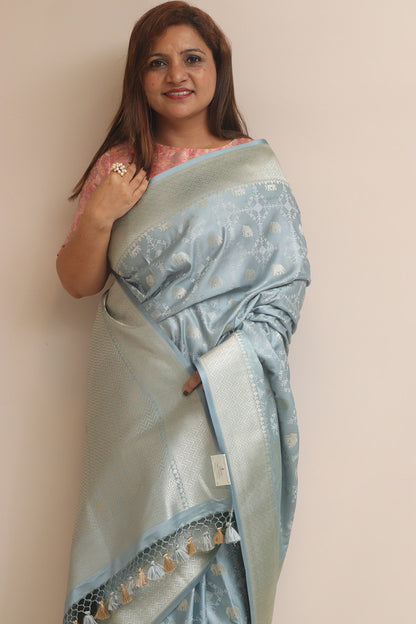 Grey Banarasi Mashru Silk Elephant Design Saree - Luxurion World