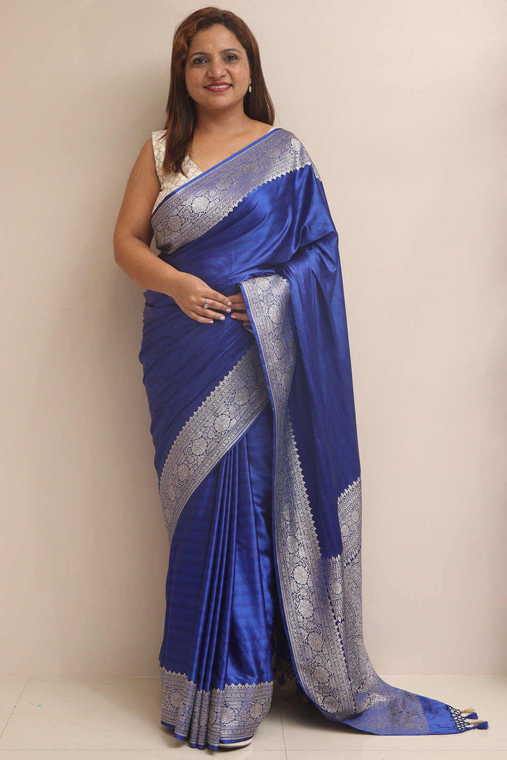 Blue Banarasi Mashru Silk Plain Saree - Luxurion World