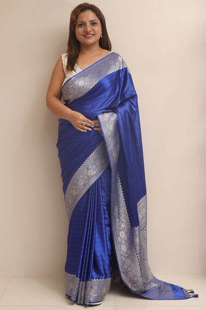 Blue Banarasi Mashru Silk Plain Saree - Luxurion World