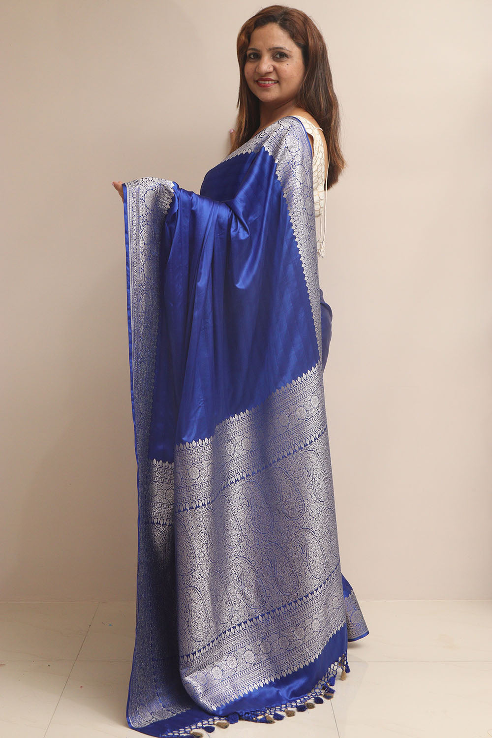 Blue Banarasi Mashru Silk Plain Saree - Luxurion World