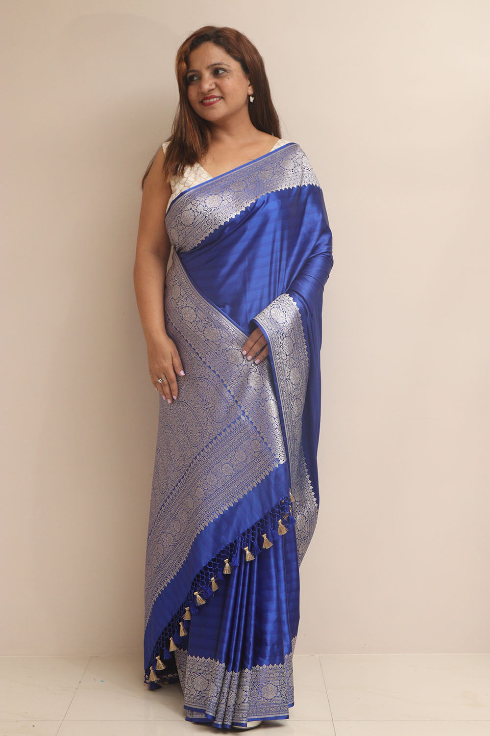 Blue Banarasi Mashru Silk Plain Saree - Luxurion World