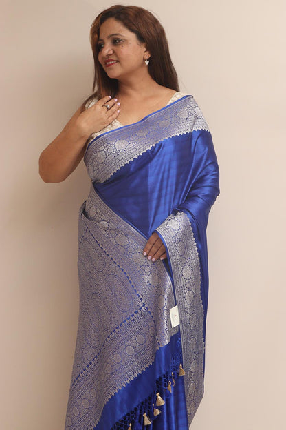 Blue Banarasi Mashru Silk Plain Saree - Luxurion World