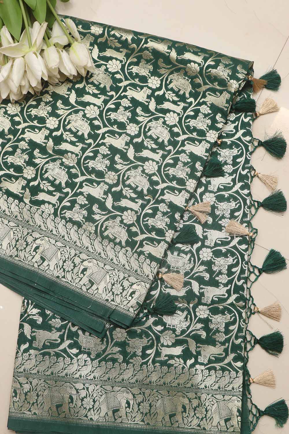 Elegant Green Banarasi Silk Shikargah Design Saree - Luxurion World