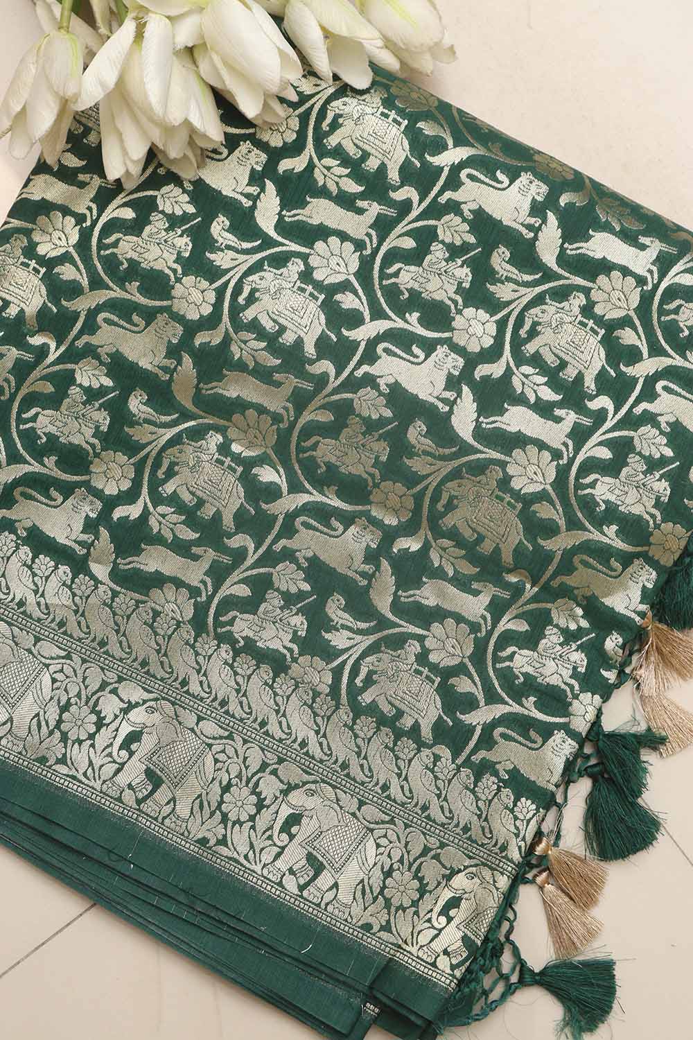 Elegant Green Banarasi Silk Shikargah Design Saree - Luxurion World