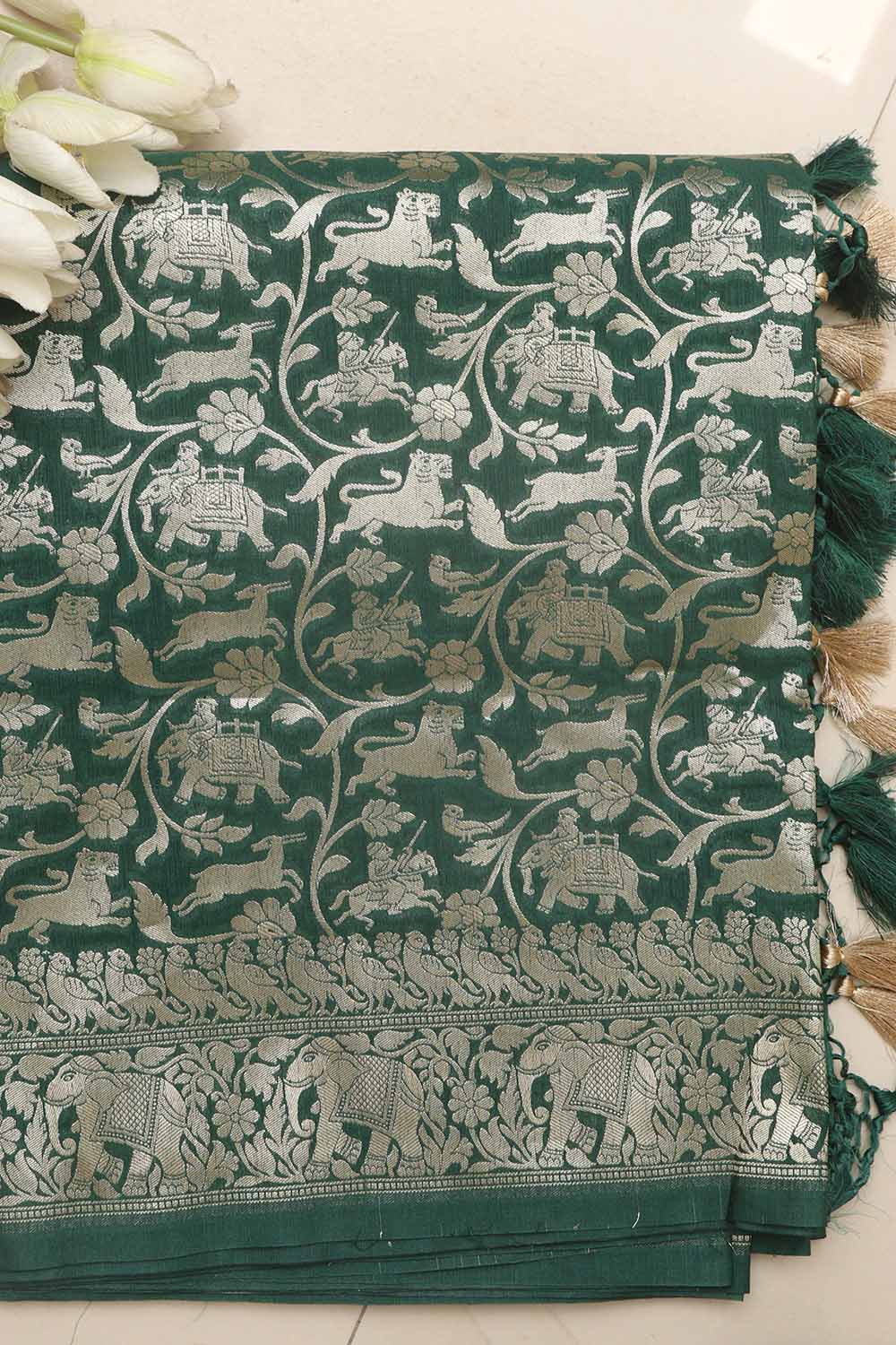 Elegant Green Banarasi Silk Shikargah Design Saree - Luxurion World