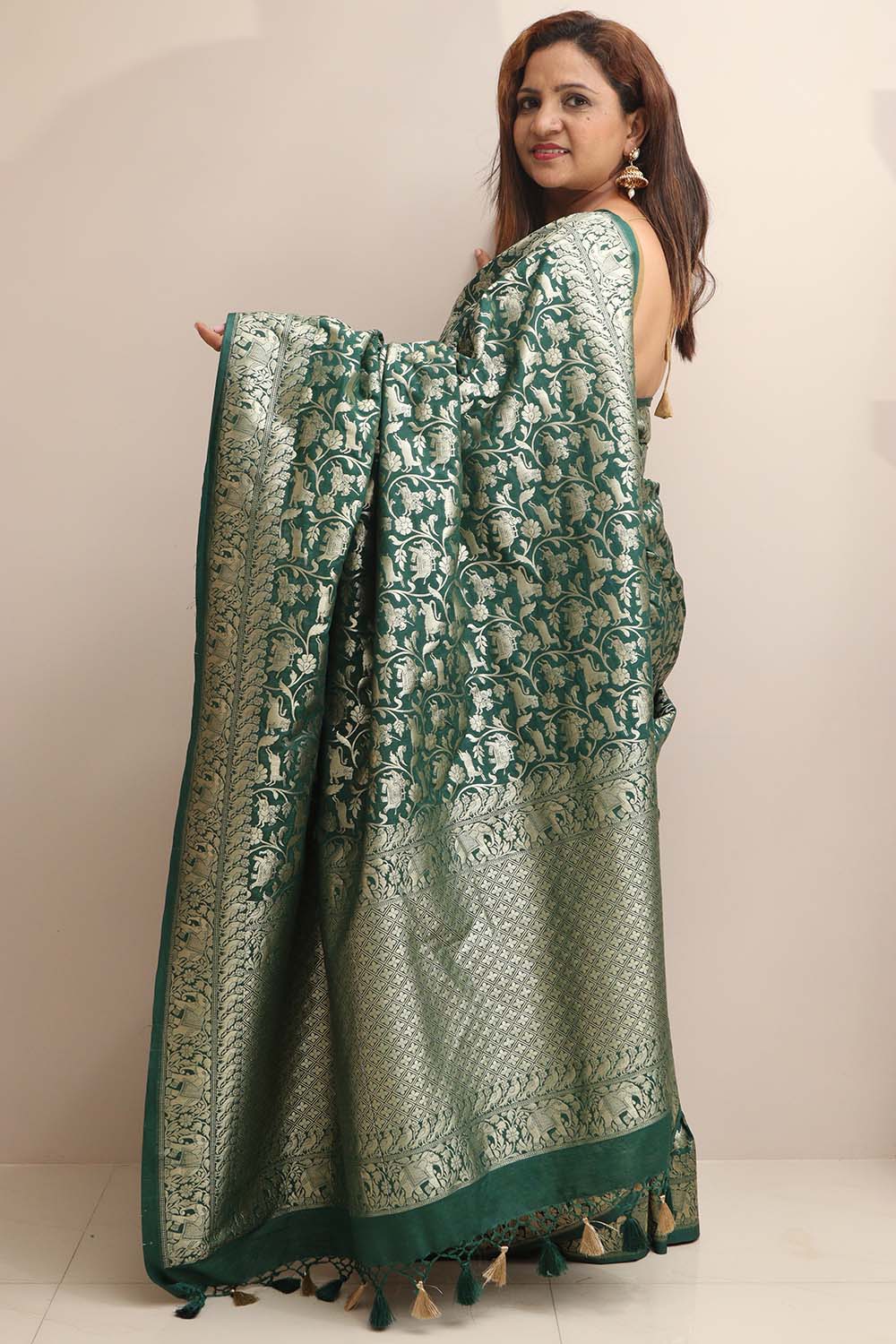 Elegant Green Banarasi Silk Shikargah Design Saree - Luxurion World