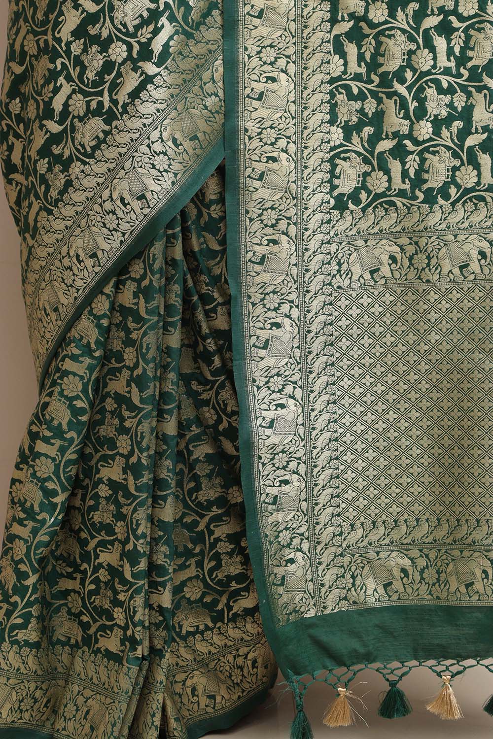 Elegant Green Banarasi Silk Shikargah Design Saree - Luxurion World