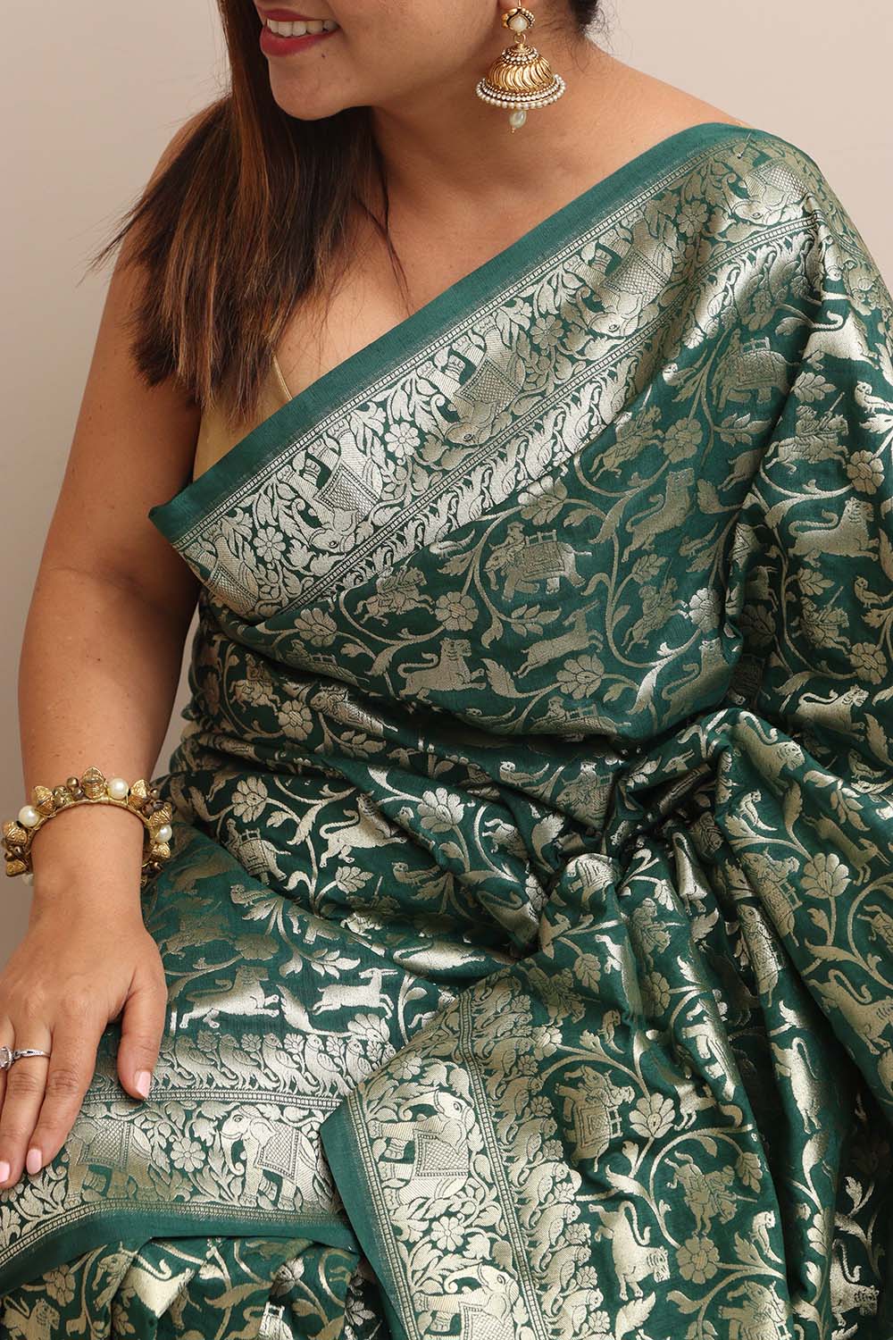 Elegant Green Banarasi Silk Shikargah Design Saree - Luxurion World