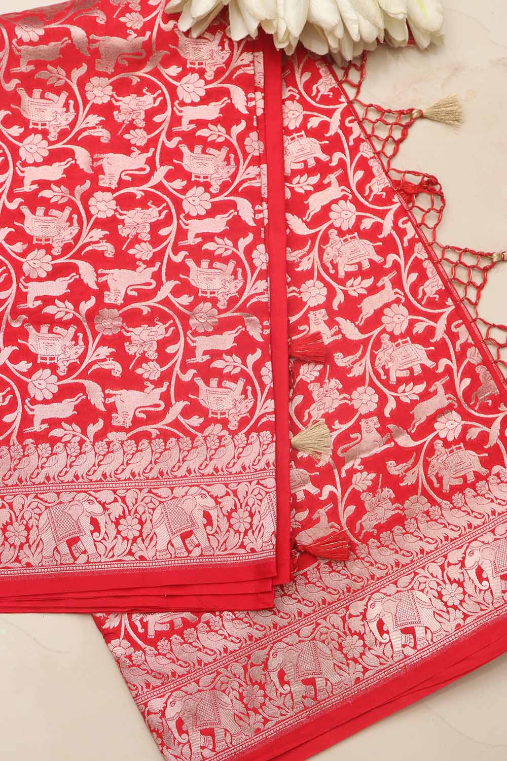 Elegant Red Banarasi Silk Shikargah Design Saree - Luxurion World