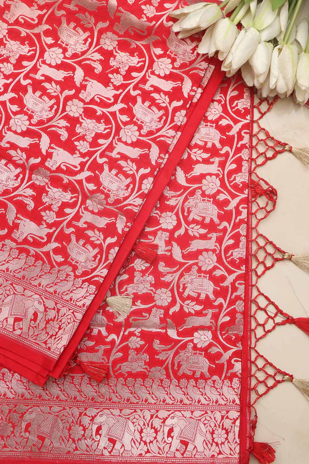 Elegant Red Banarasi Silk Shikargah Design Saree - Luxurion World