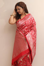 Elegant Red Banarasi Silk Shikargah Design Saree - Luxurion World