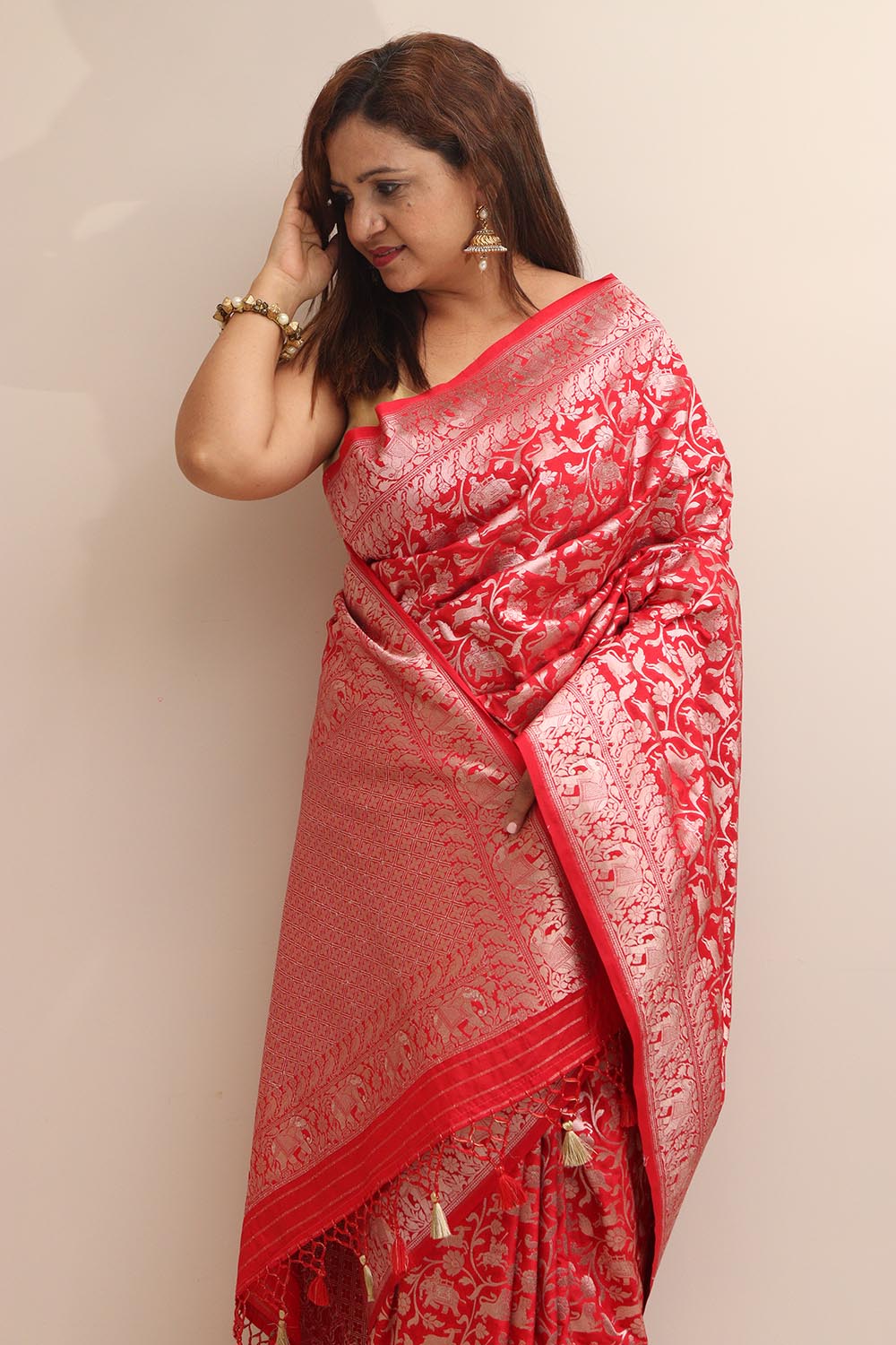 Elegant Red Banarasi Silk Shikargah Design Saree - Luxurion World