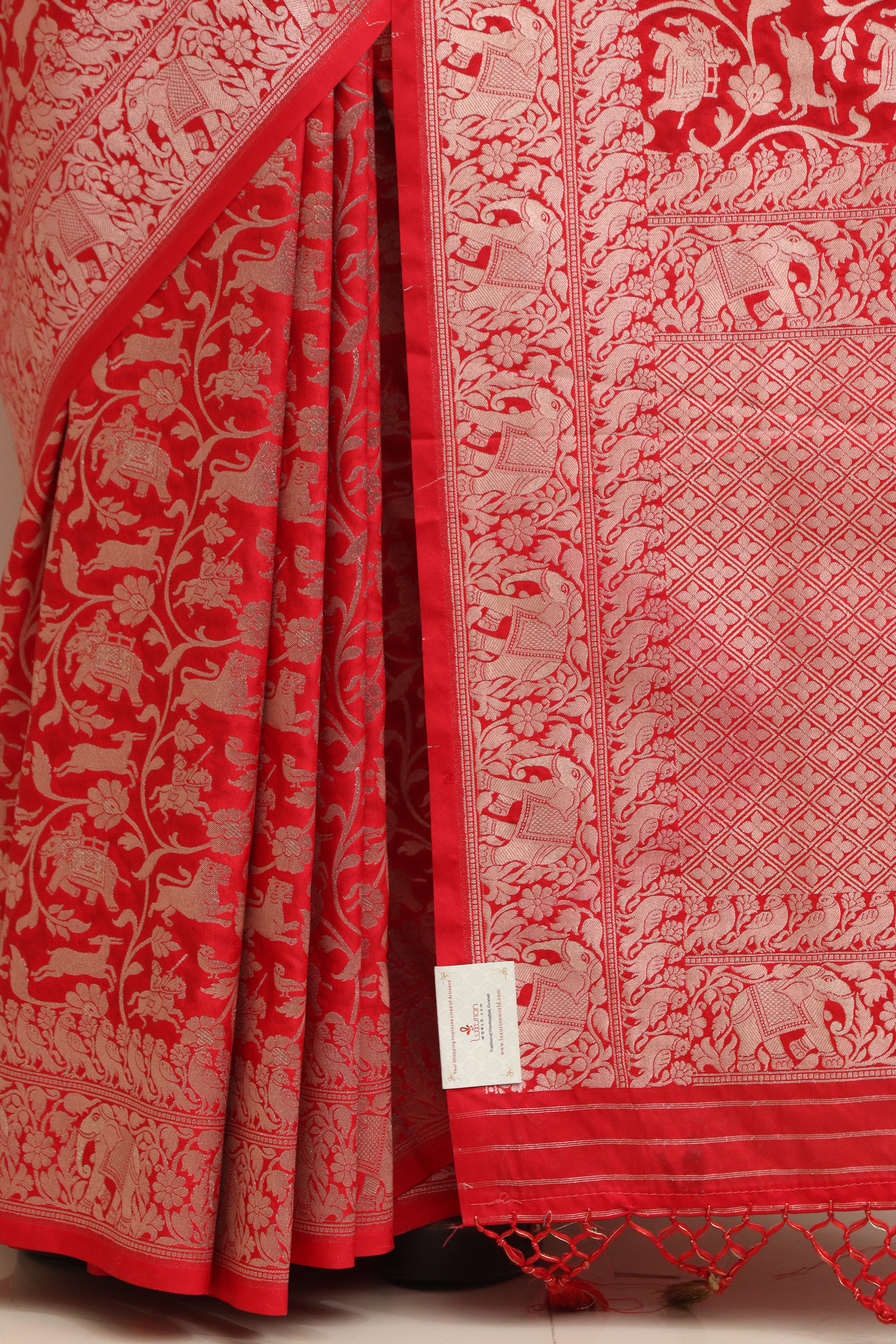 Elegant Red Banarasi Silk Shikargah Design Saree - Luxurion World