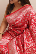 Elegant Red Banarasi Silk Shikargah Design Saree - Luxurion World