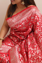 Elegant Red Banarasi Silk Shikargah Design Saree - Luxurion World