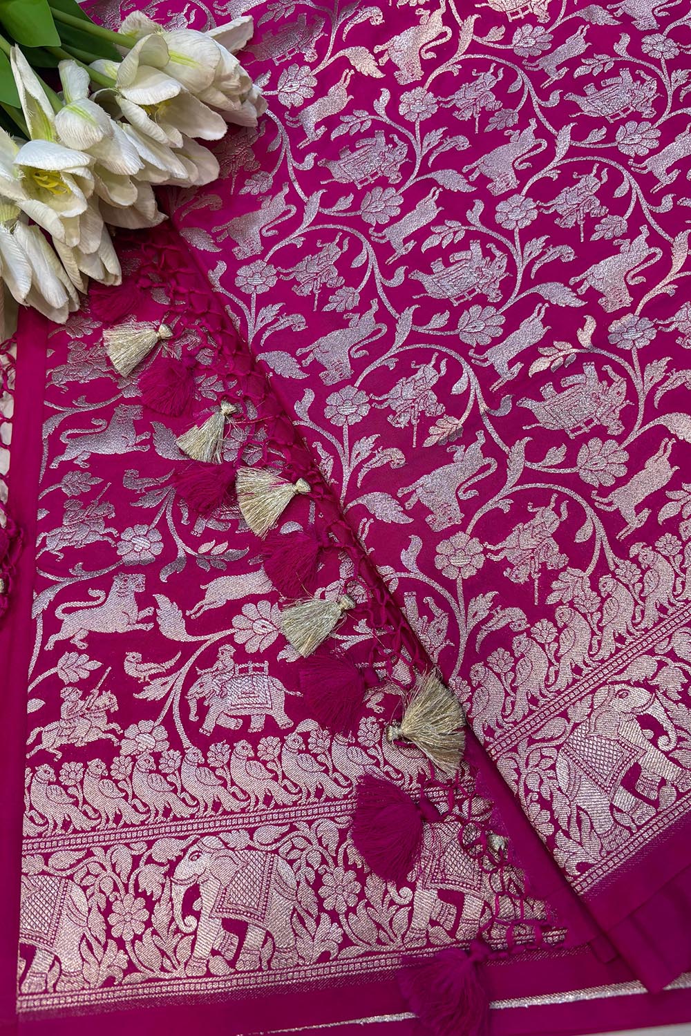Elegant Pink Banarasi Silk Shikargah Design Saree - Luxurion World