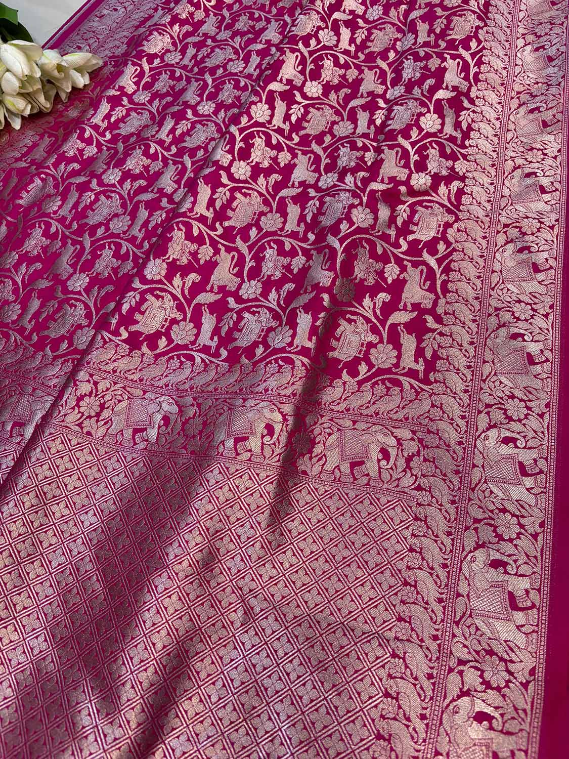Elegant Pink Banarasi Silk Shikargah Design Saree - Luxurion World