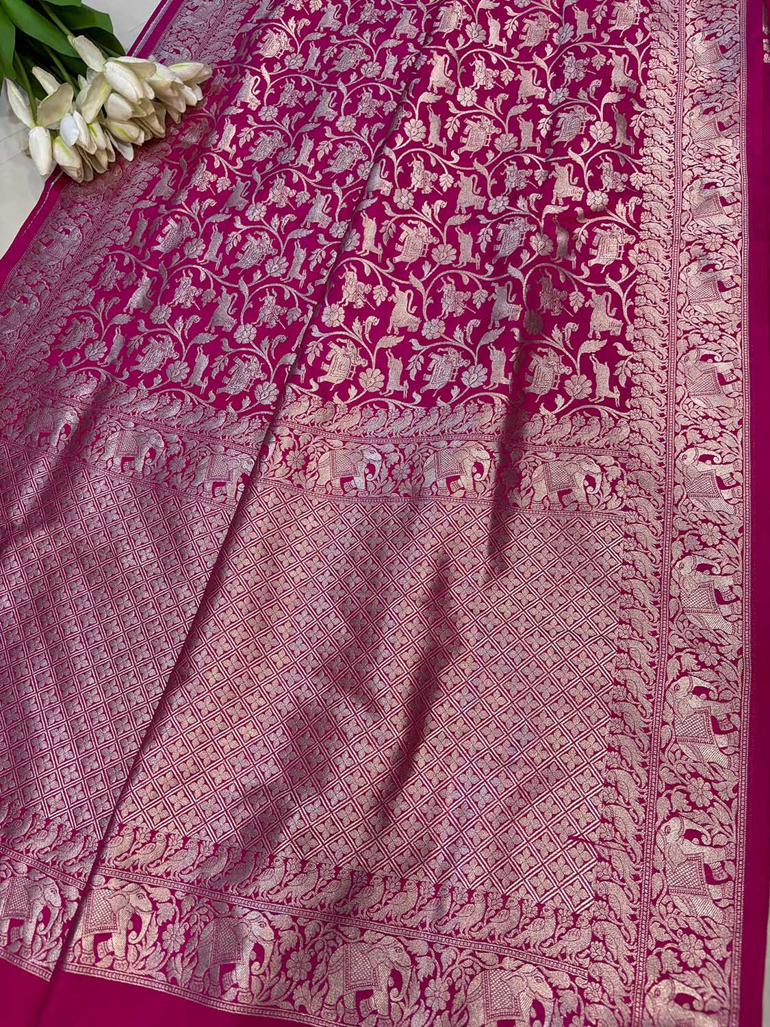 Elegant Pink Banarasi Silk Shikargah Design Saree - Luxurion World
