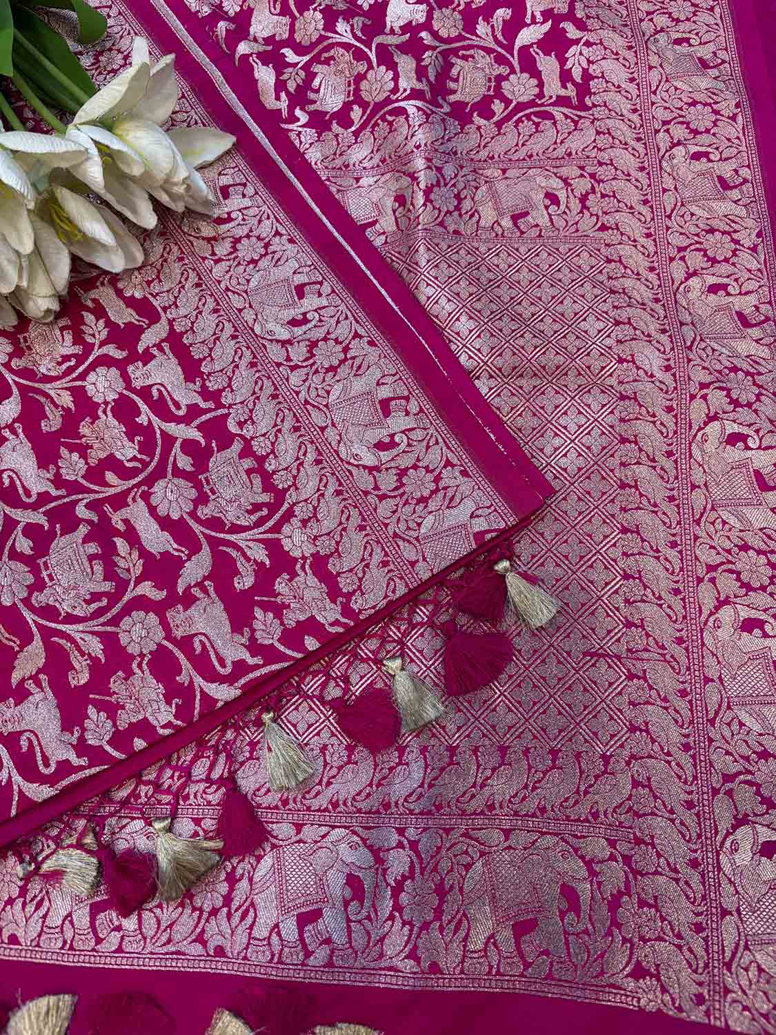 Elegant Pink Banarasi Silk Shikargah Design Saree - Luxurion World