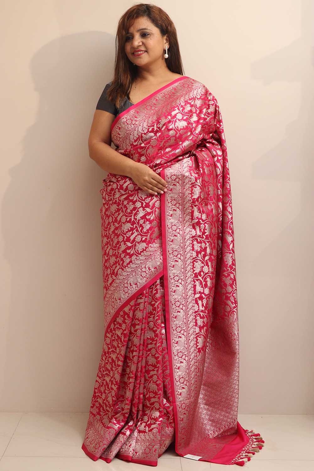 Elegant Pink Banarasi Silk Shikargah Design Saree - Luxurion World