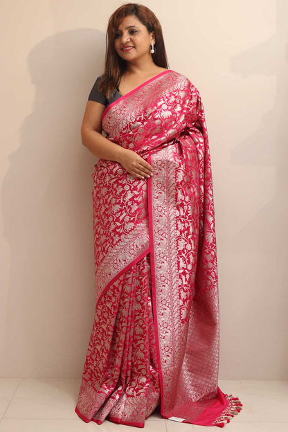 Elegant Pink Banarasi Silk Shikargah Design Saree - Luxurion World