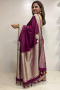 Wine Banarasi Handloom Plain Pure Mashru Silk Koniya Design Saree - Luxurion World