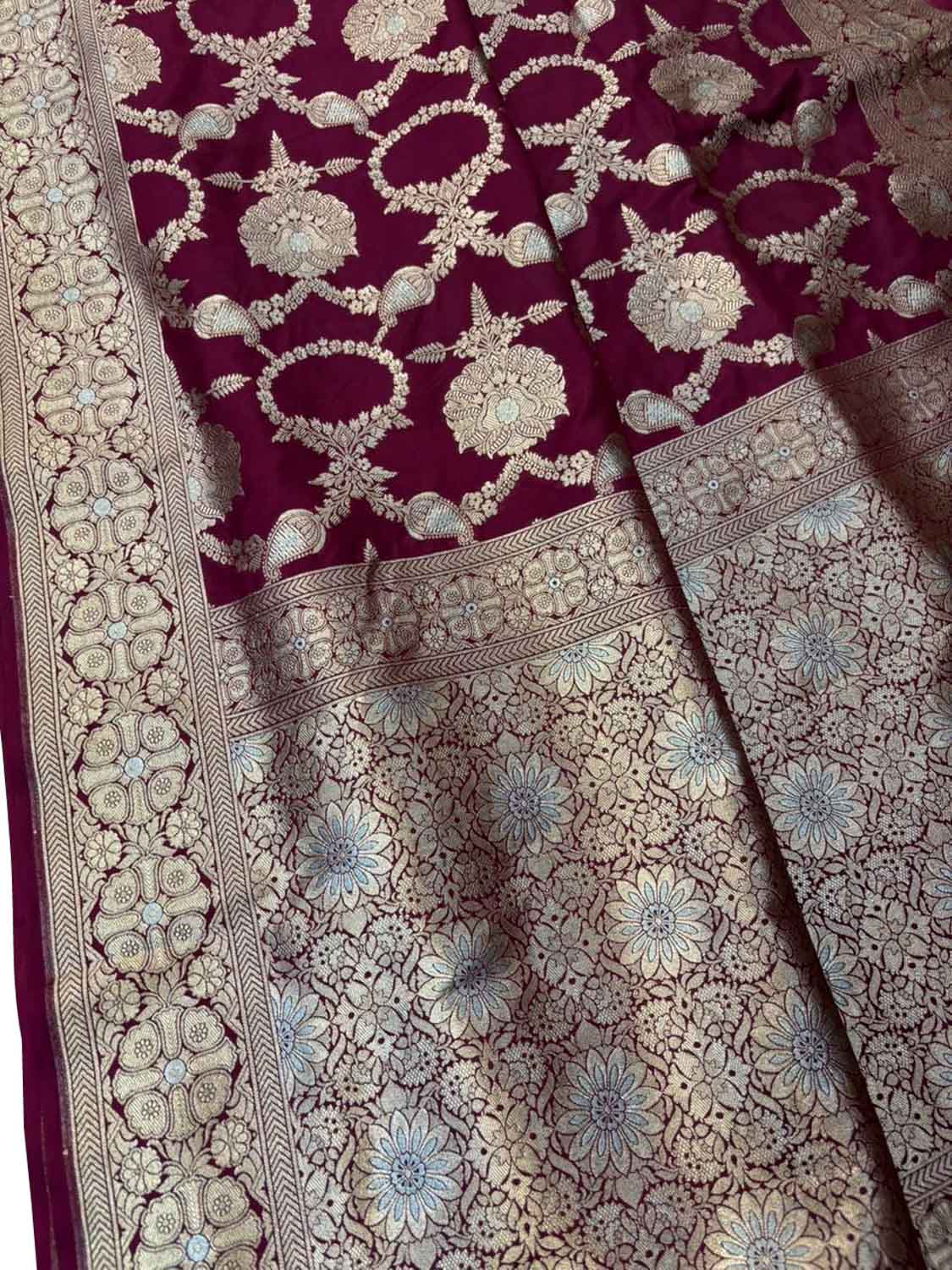 Maroon Banarasi Silk Sona Roopa Jaal Work Saree - Luxurion World