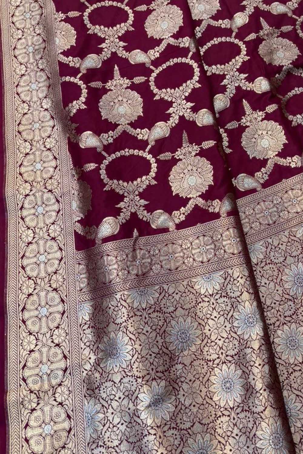Maroon Banarasi Silk Sona Roopa Jaal Work Saree - Luxurion World