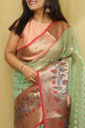 Light Green Banarasi Organza Kora Silk Paithani Border Saree - Luxurion World
