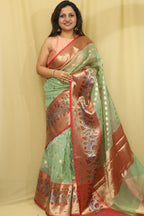 Light Green Banarasi Organza Kora Silk Paithani Border Saree - Luxurion World