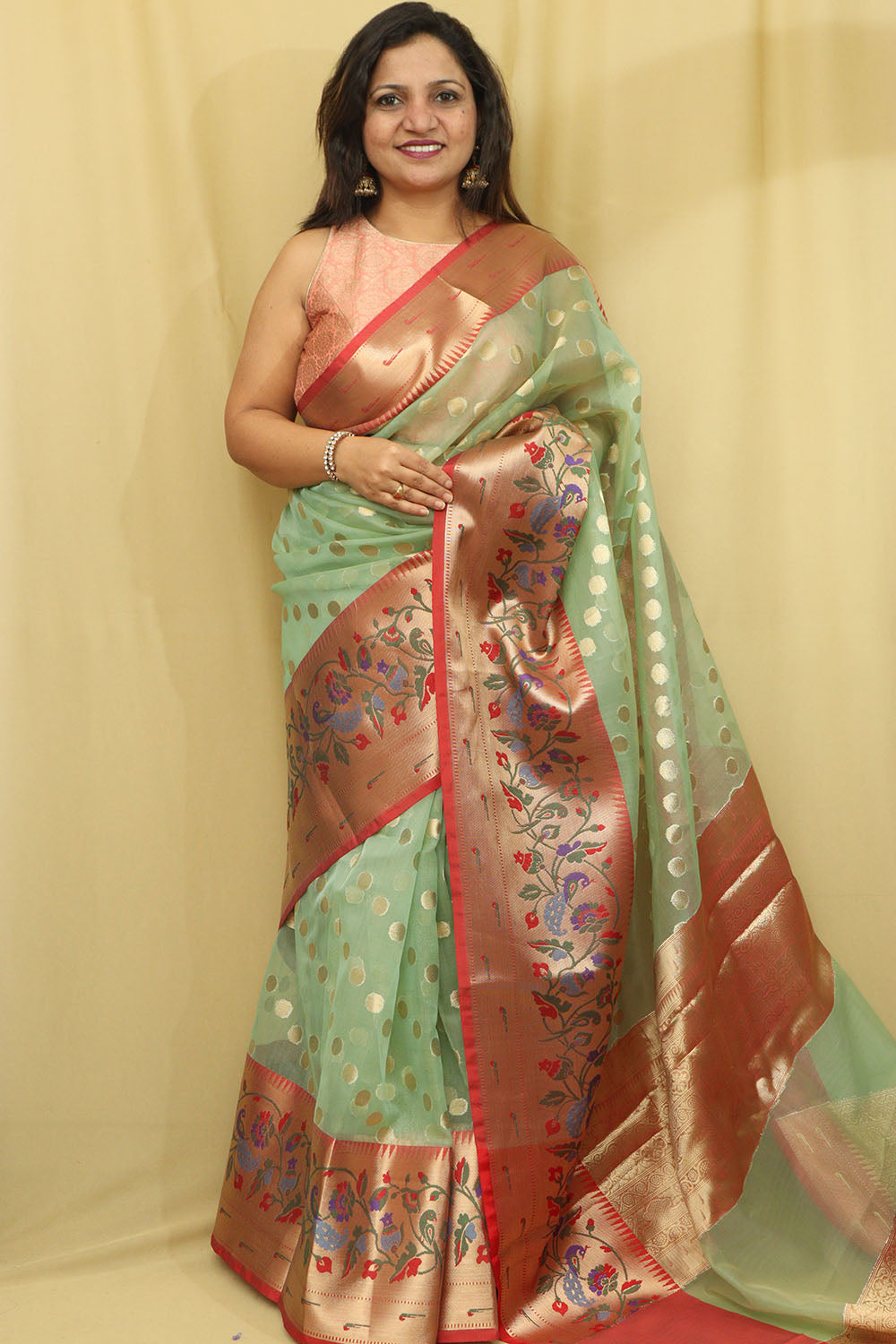 Light Green Banarasi Organza Kora Silk Paithani Border Saree - Luxurion World