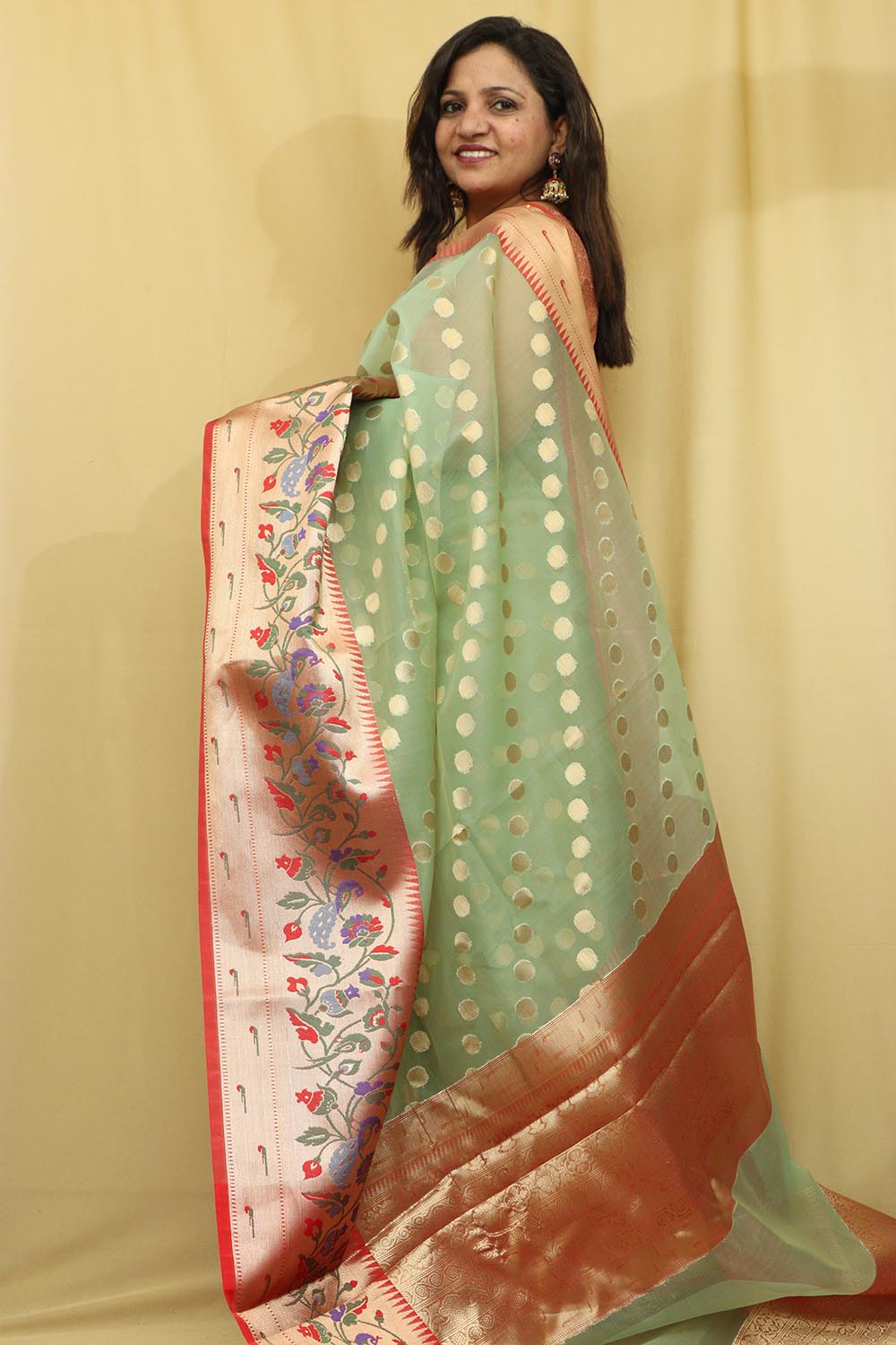 Light Green Banarasi Organza Kora Silk Paithani Border Saree - Luxurion World