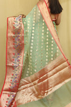 Light Green Banarasi Organza Kora Silk Paithani Border Saree - Luxurion World