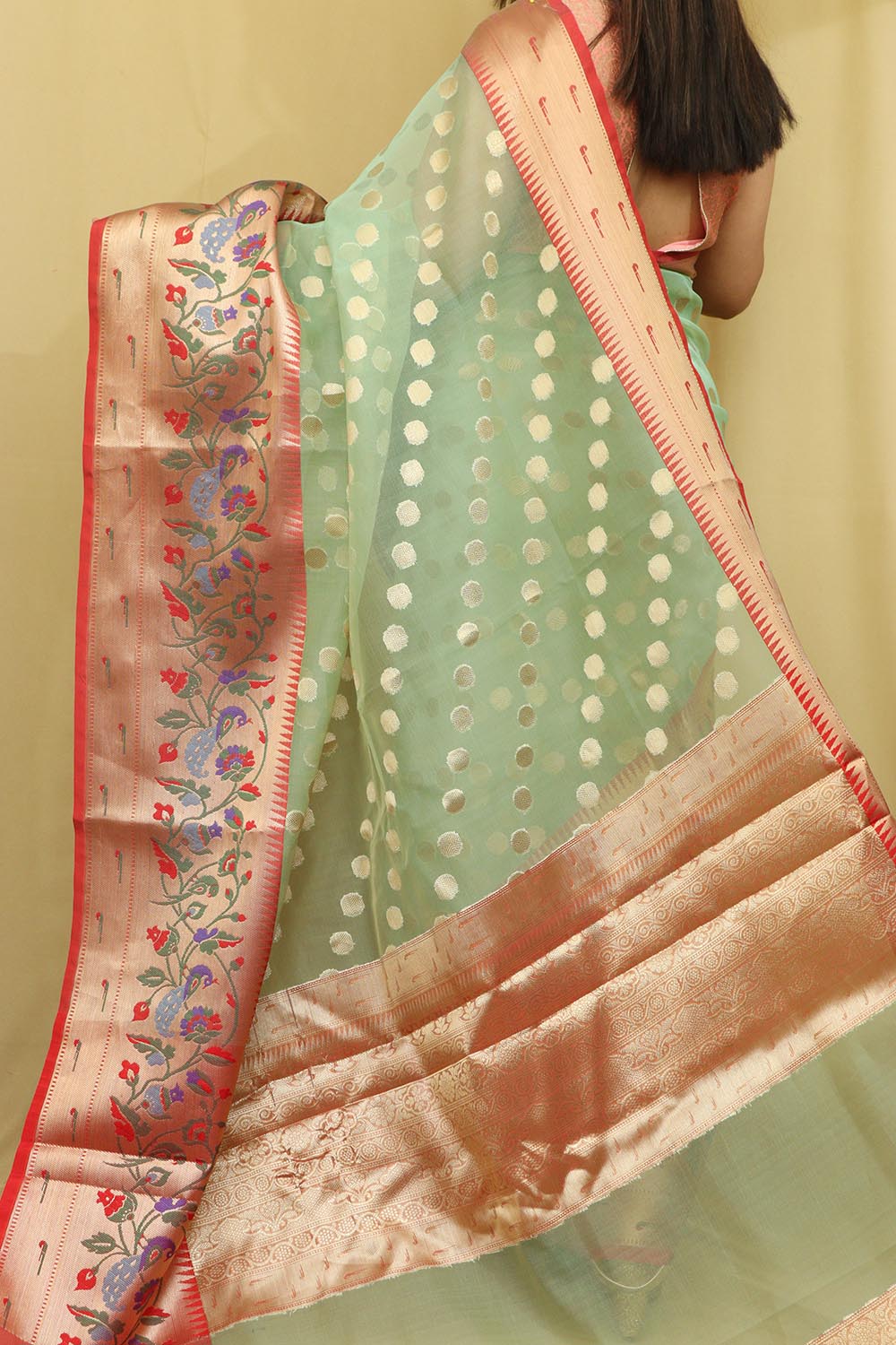 Light Green Banarasi Organza Kora Silk Paithani Border Saree - Luxurion World