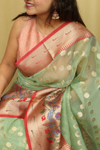 Light Green Banarasi Organza Kora Silk Paithani Border Saree - Luxurion World
