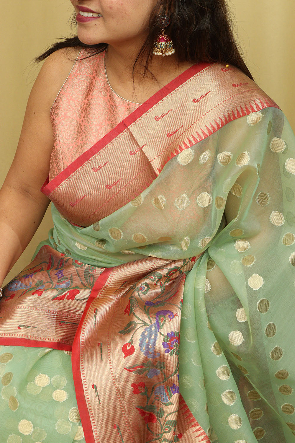 Light Green Banarasi Organza Kora Silk Paithani Border Saree - Luxurion World