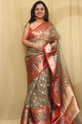 Grey Banarasi Organza Kora Silk Paithani Border Saree - Luxurion World