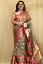 Grey Banarasi Organza Kora Silk Paithani Border Saree - Luxurion World