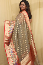 Grey Banarasi Organza Kora Silk Paithani Border Saree - Luxurion World