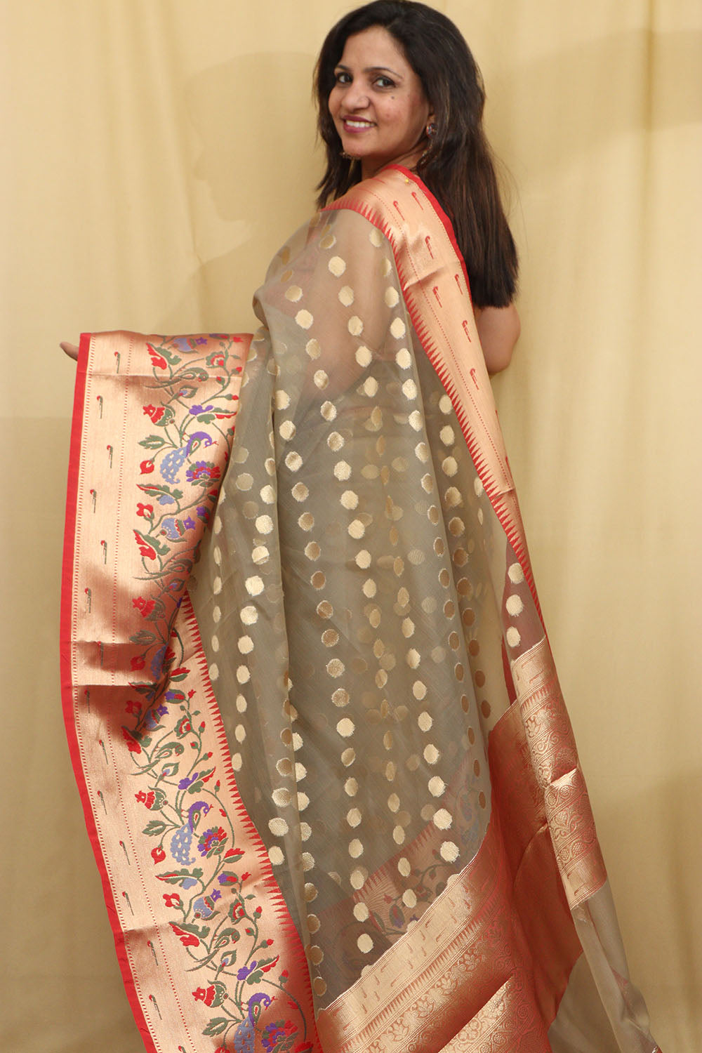 Grey Banarasi Organza Kora Silk Paithani Border Saree - Luxurion World
