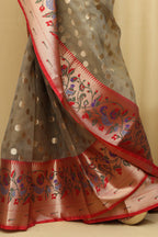 Grey Banarasi Organza Kora Silk Paithani Border Saree - Luxurion World
