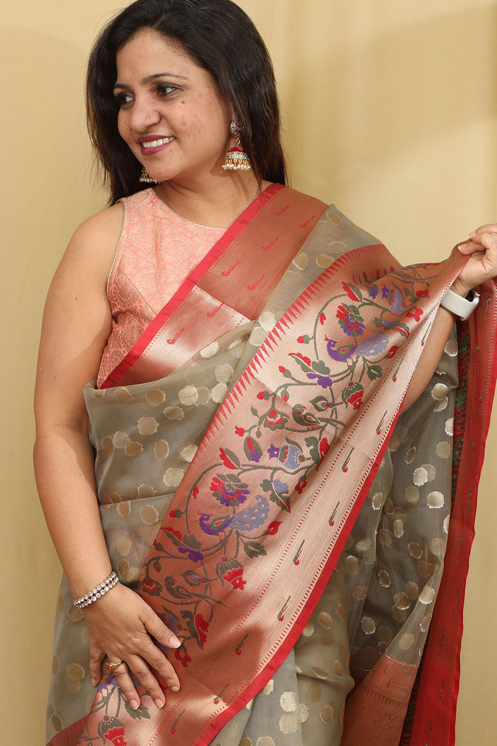 Grey Banarasi Organza Kora Silk Paithani Border Saree - Luxurion World