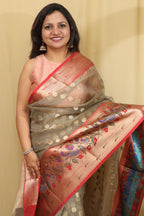 Grey Banarasi Organza Kora Silk Paithani Border Saree - Luxurion World