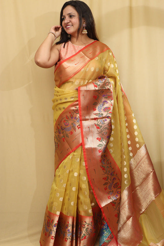 Yellow Banarasi Organza Kora Silk Paithani Border Saree - Luxurion World