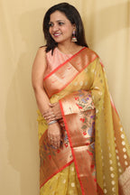 Yellow Banarasi Organza Kora Silk Paithani Border Saree - Luxurion World